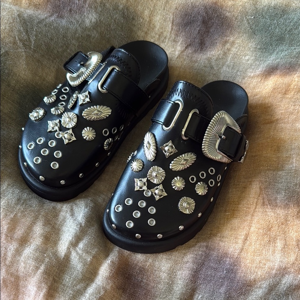 Stylish Black Mules with Silver Accents